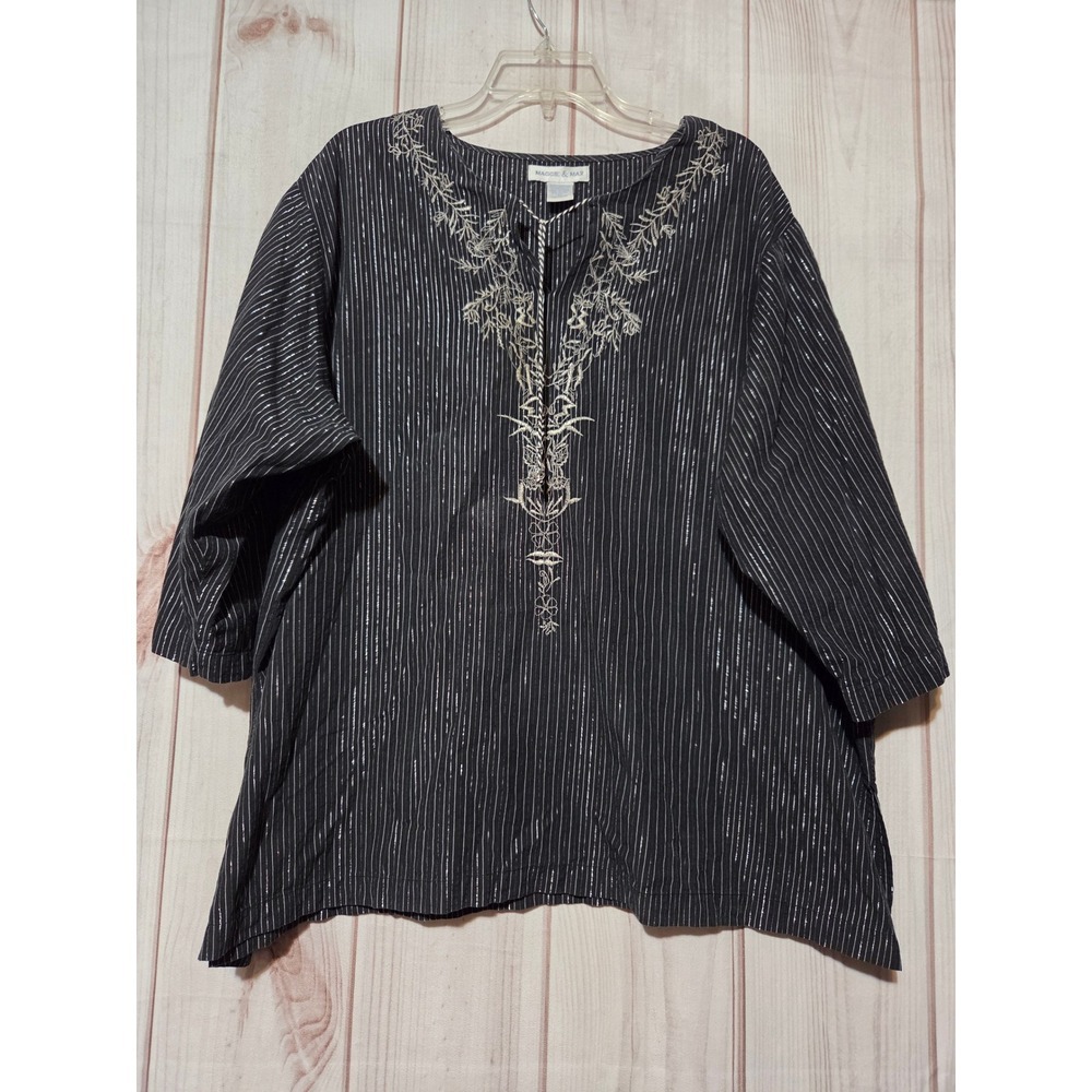 Maggie & Max Black Silver Metallic Stripe Embroidered Tunic Top 3X Plus Size